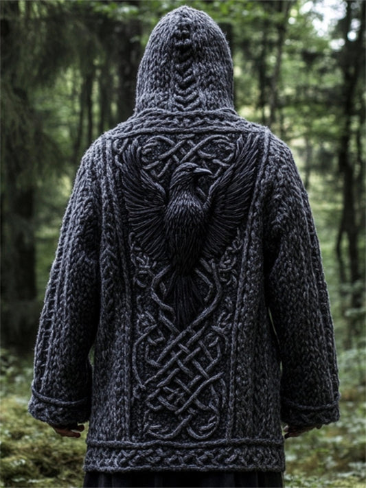 Men's Viking Raven Celtic Jacquard Cozy Chunky Hooded Cardigan artswardrobe