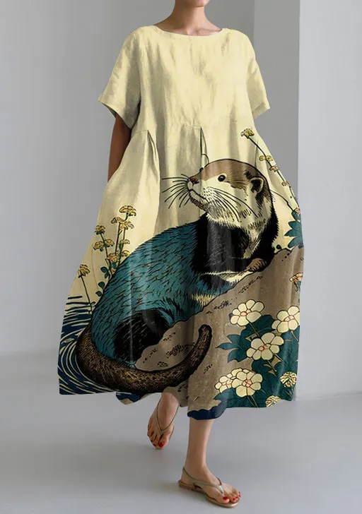 Wave Floral Japanese Art Loose Short Sleeved Midi Dress