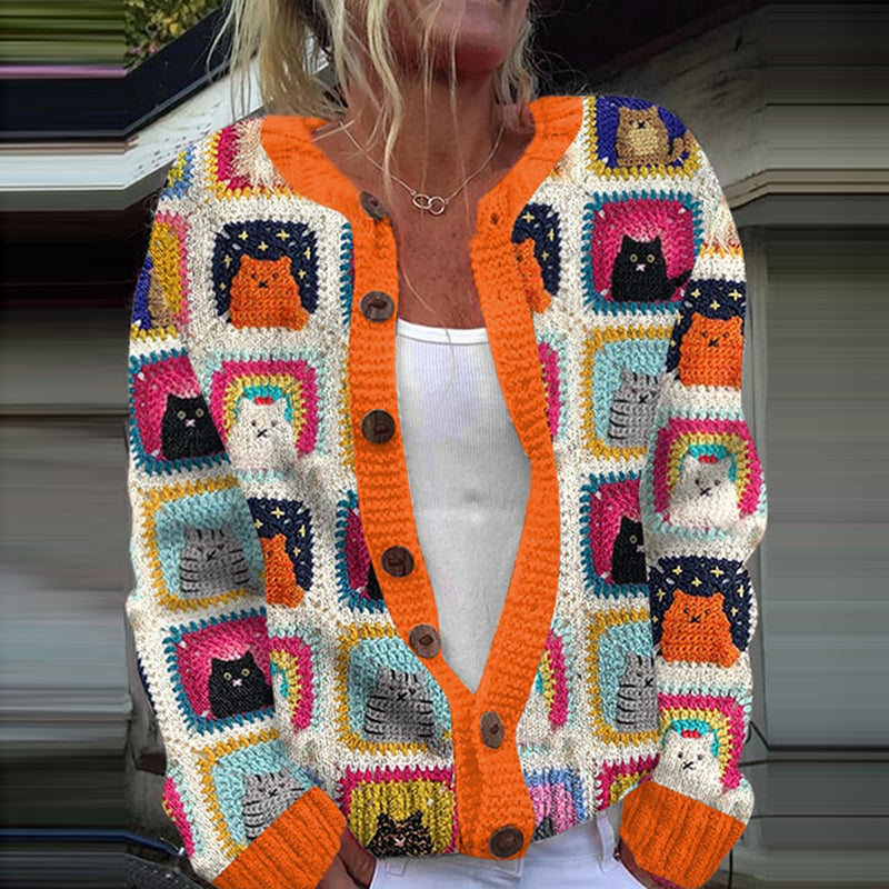 Cat Art Print Knitted Cardigan elevenforest