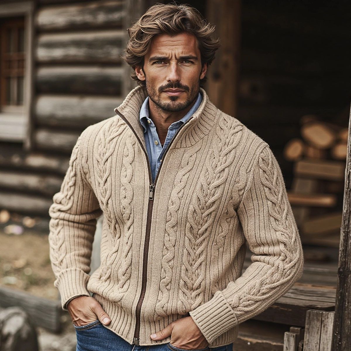 Men'S Burlap Pattern Stand Collar Zipper Sweater elevenforest