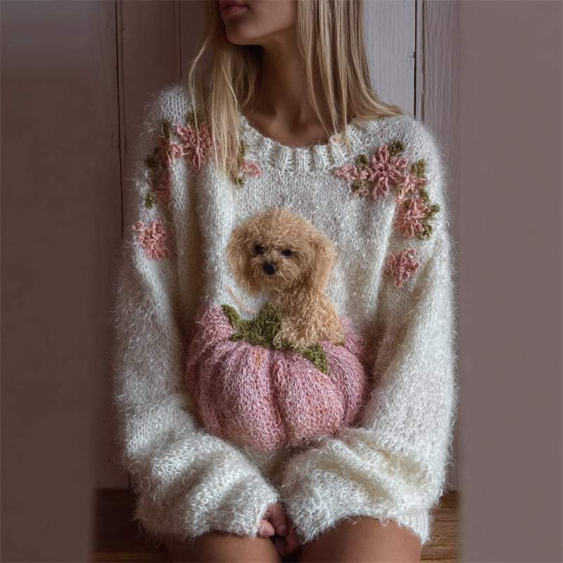 Comstylish Fuzzy Dog & Pink Pumpkin Floral Cozy Knit Sweater