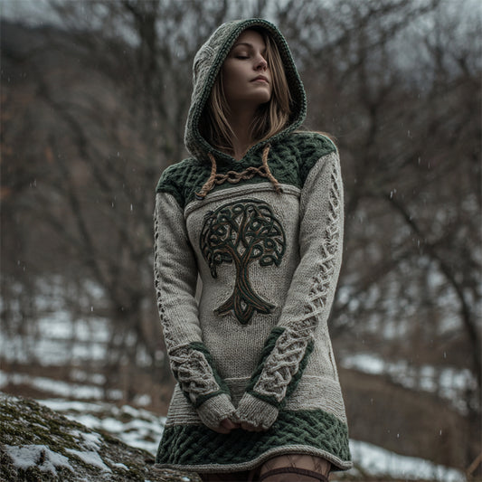 Forest Tree Of Life Celtic Contrast Cozy Chunky Hooded Sweater Dress artswardrobe