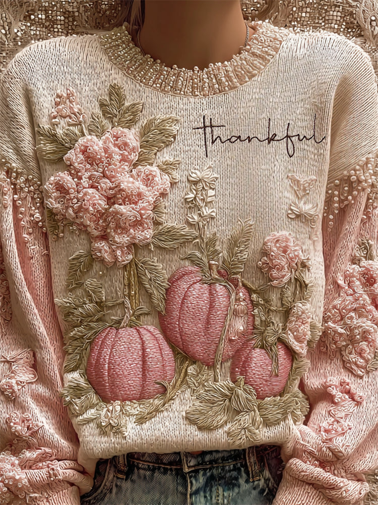 Thankful Embroidered Thanksgiving Pumpkins Floral Beaded Cozy Knit Sweater artswardrobe