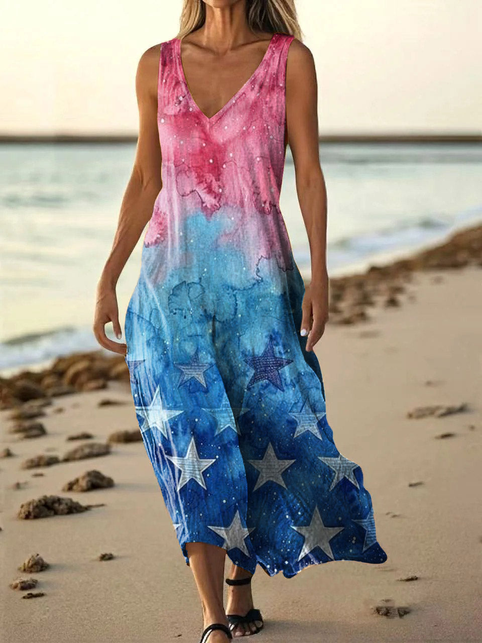 Women's Star Gradient Colorblocking Pattern Art Print Pocket Cotton Dr