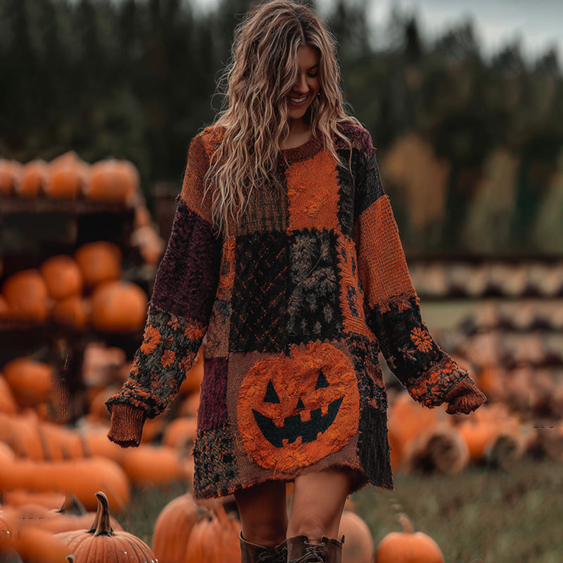 Vintage Halloween Pumpkin Face With Floral Patchwork Art Linen Cozy Knit Sweater Dress artswardrobe
