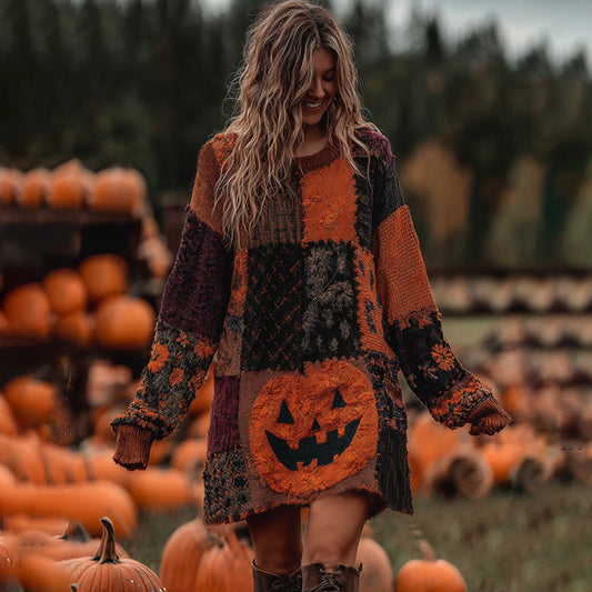 Vintage Halloween Pumpkin Face With Floral Patchwork Art Linen Cozy Knit Sweater Dress artswardrobe