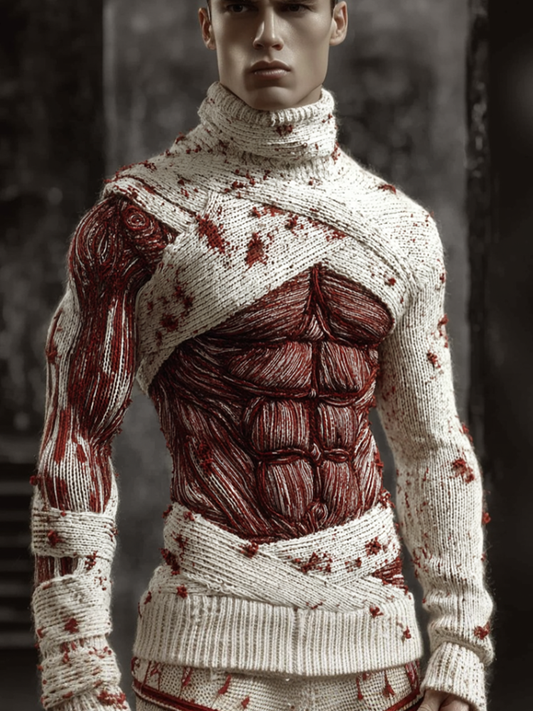 Men's Halloween Bloody Bandage High-collar Knit Sweater artswardrobe
