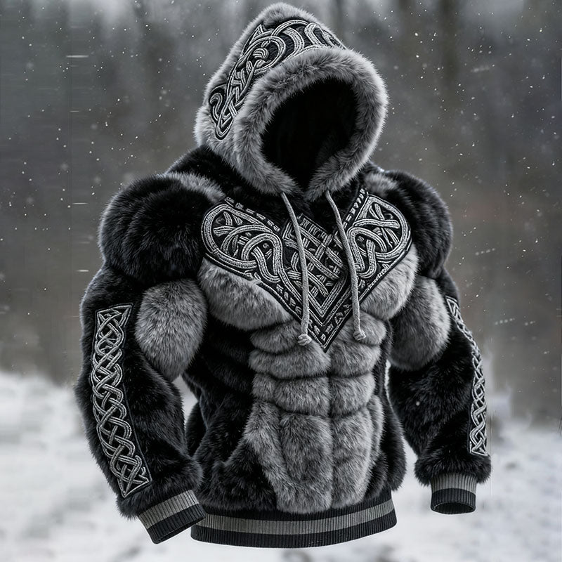 Men's Vintage Viking Tribal Jacquard Celtic Muscle Line Inspired Art Plush Warm Hoodie