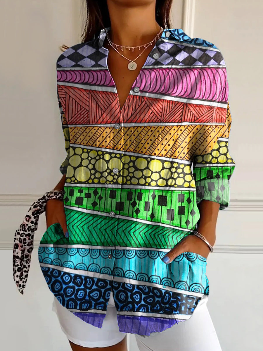 Women's Art Painting Colorful Art Graffiti Print Stand Collar Long Sle