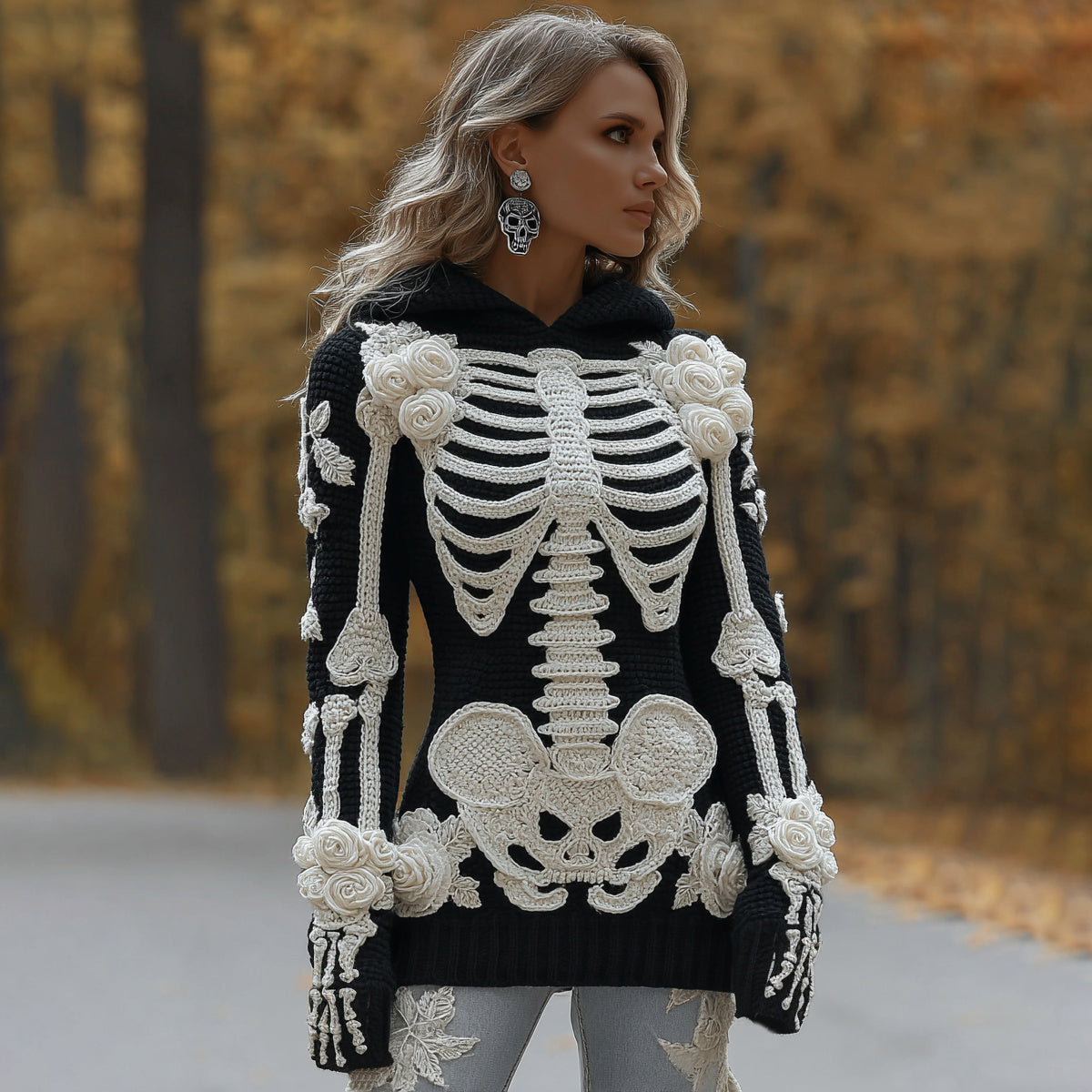 Women's Halloween Skeleton Bones With Roses Art Knitted Warm Hooded Sweater artswardrobe
