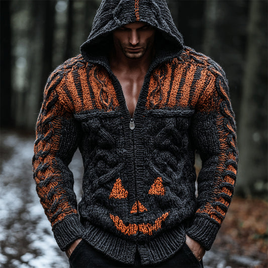 Halloween Pumpkin Ghost Face Art Men's Hooded Zipper Sweater artswardrobe