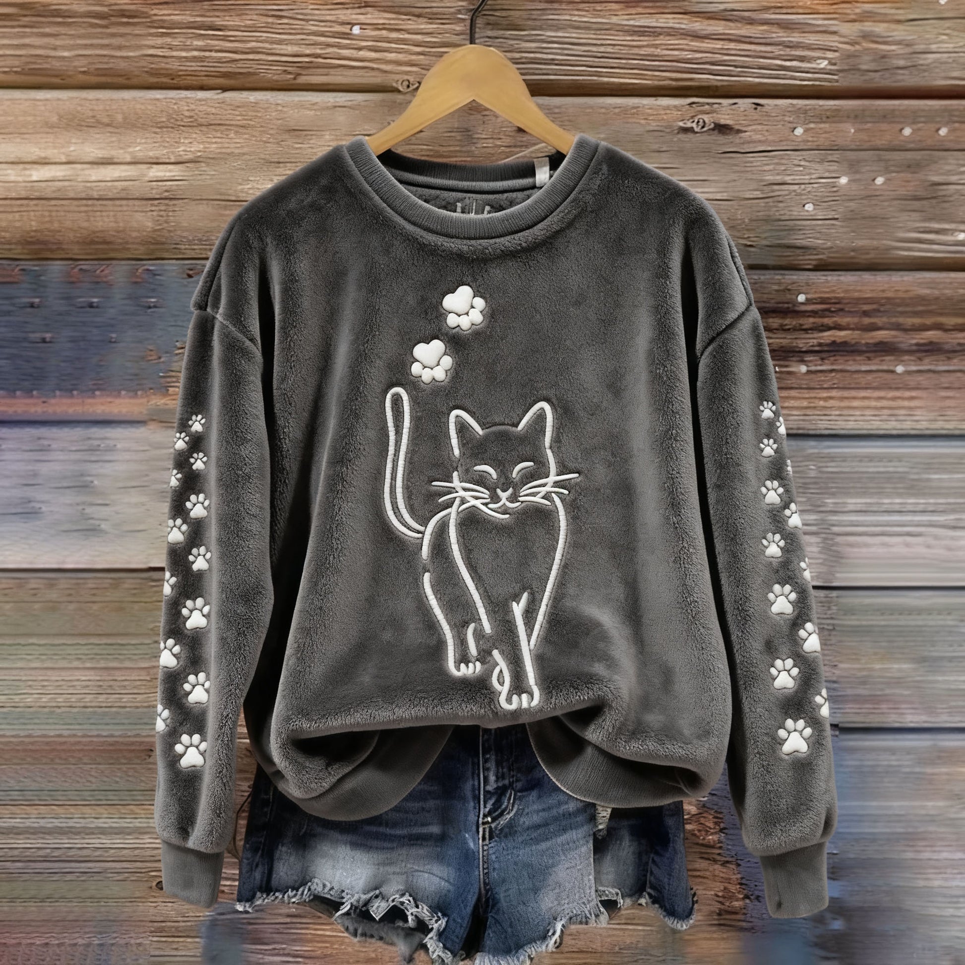 Comstylish Women's Cat Embroidery Pattern Plush Sweatshirt