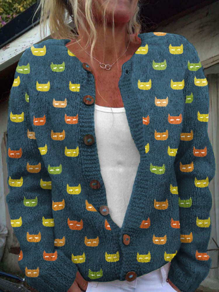 Colorful Cat Face Pattern Cozy Knit Cardigan elevenforest
