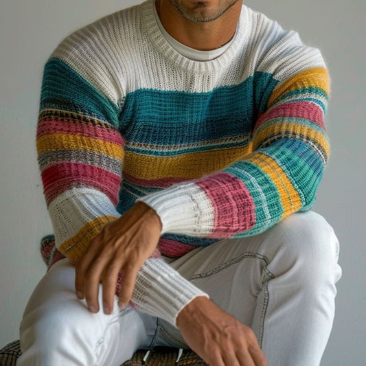 Men'S Retro Multicolor Stripe Art Cozy Knit Sweater elevenforest