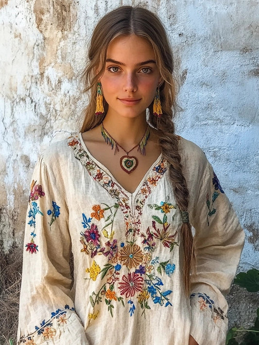 Retro Bohemian Floral Embroidered Linen Blend Comfy Shirt artswardrobe