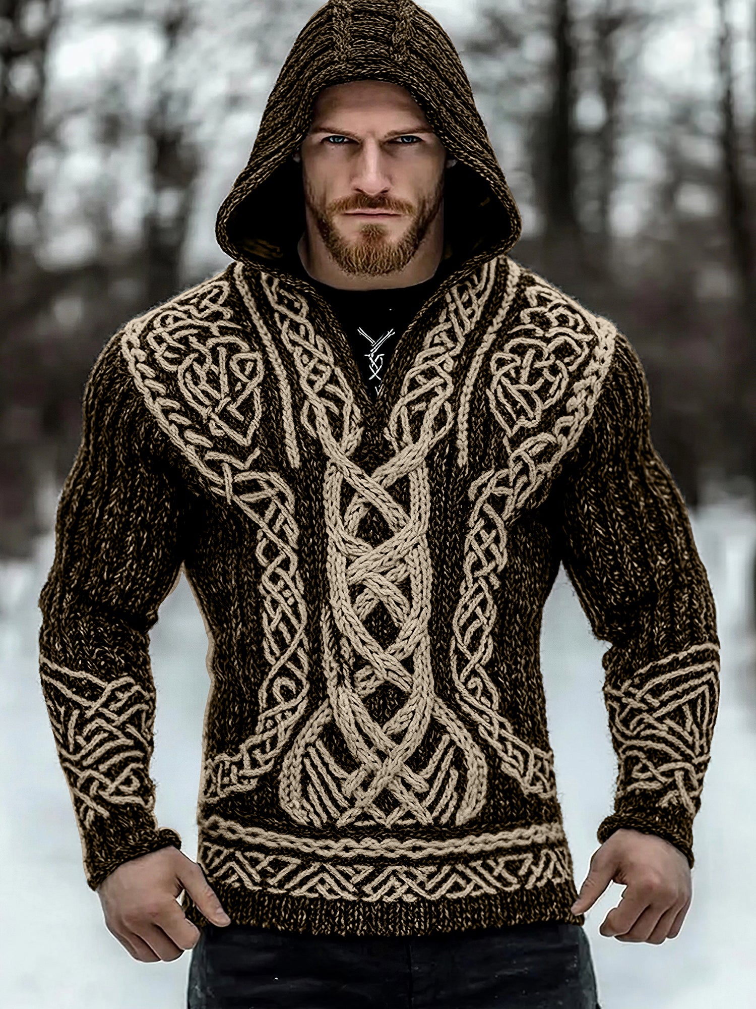 Men's Viking Tribal Jacquard Inspired Celtic Hooded Sweater elevenforest