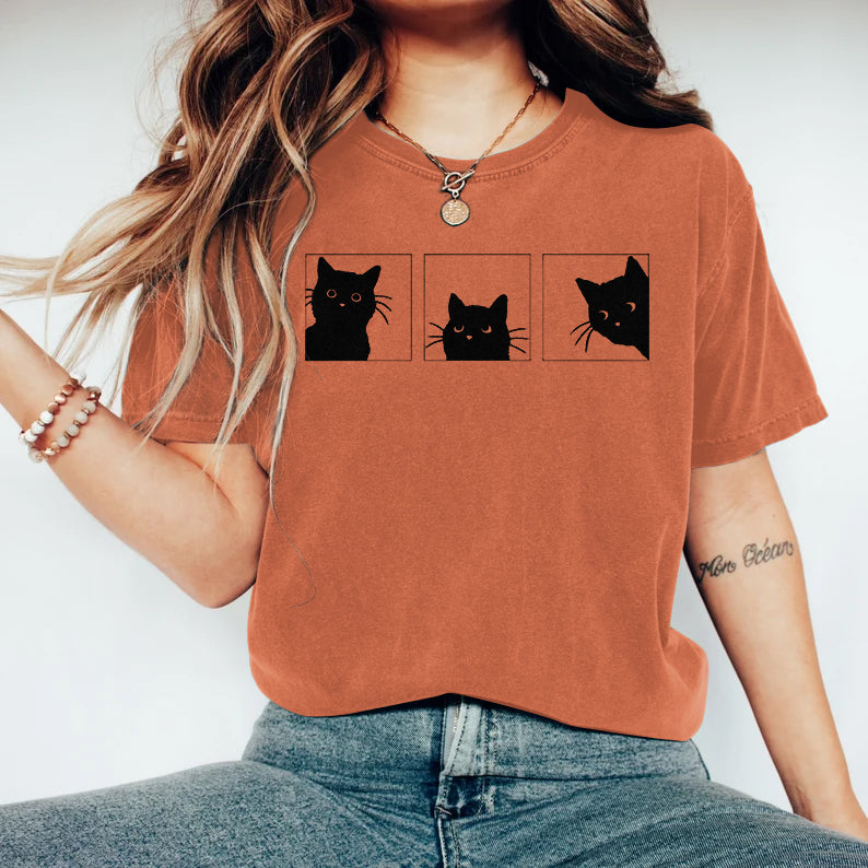 Comstylish Women's Abstract Creative Cute Black Cat Art Print T-shirt