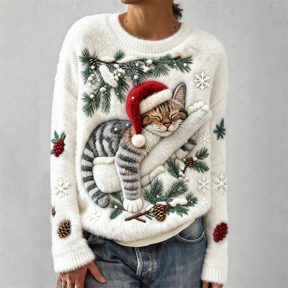 Comstylish Christmas Lazy Cat Women's Cozy Plush Sweater