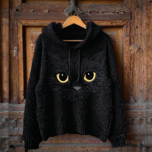Lovely Black Cat Face Fuzzy Cozy Knit Hooded Sweater artswardrobe