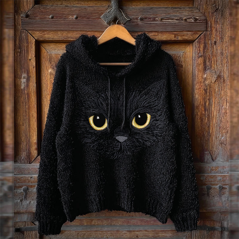 Comstylish Lovely Black Cat Face Fuzzy Cozy Knit Hooded Sweater