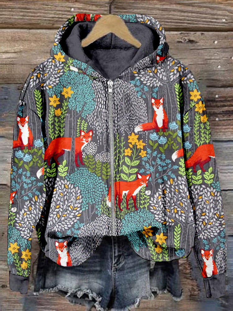 Fox in the Forest Graphic Zip Up Comfy Hoodie artswardrobe