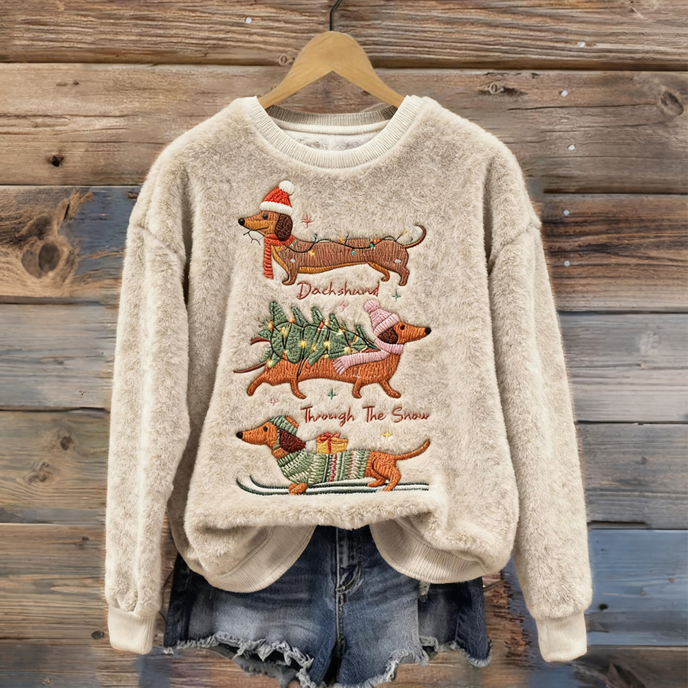 Comstylish Dachshund Christmas Embroidered Cozy Plush Sweatshirt