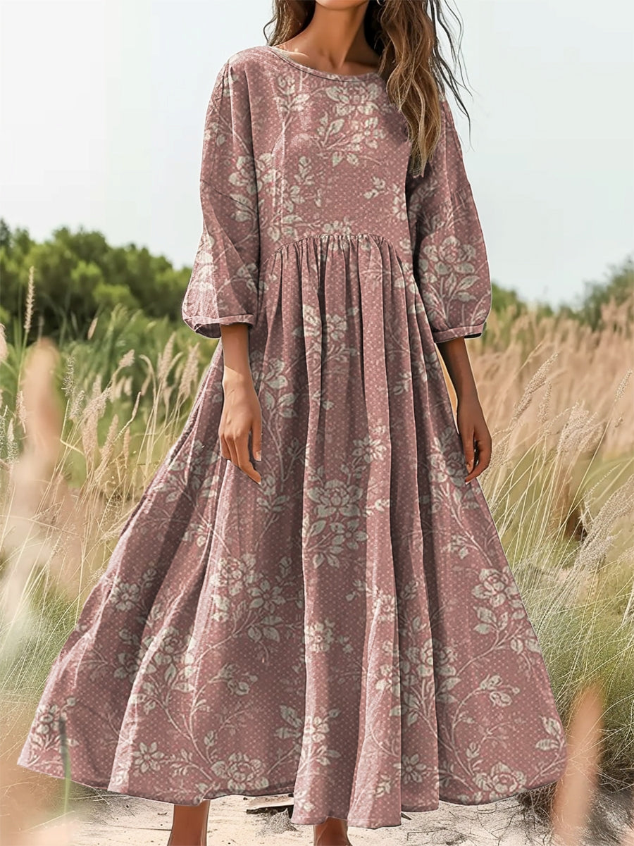 Women's Folk Art Floral Print Flowy Cotton Crew Neck Dress