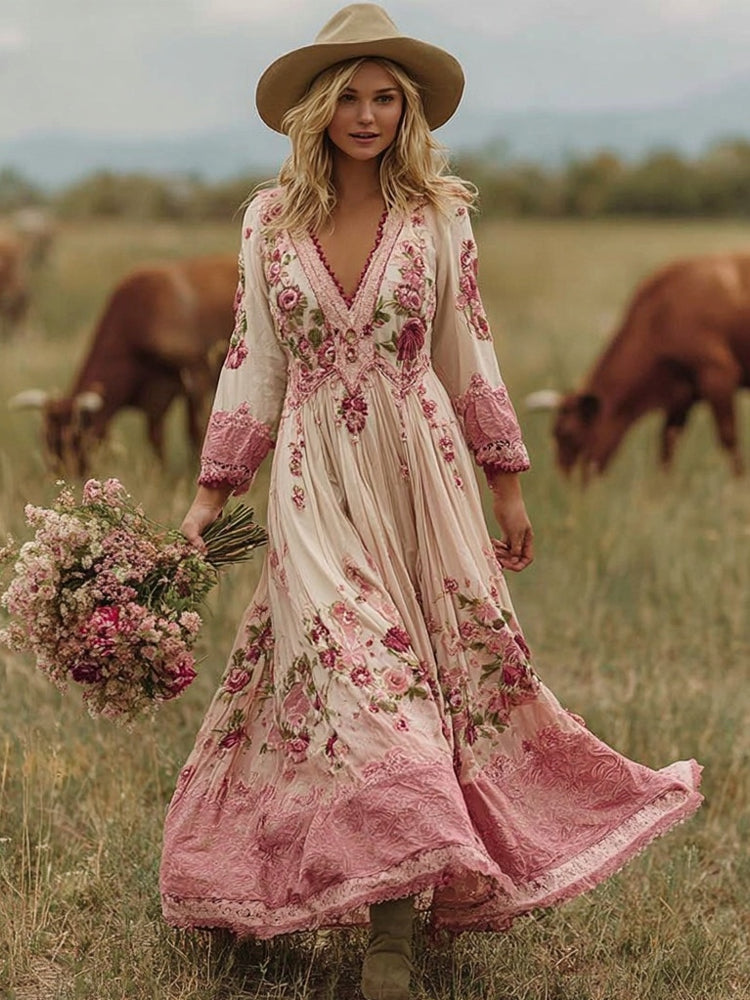 Boho Floral Embroidered Lace Patchwork Flowy Maxi Dress elevenforest