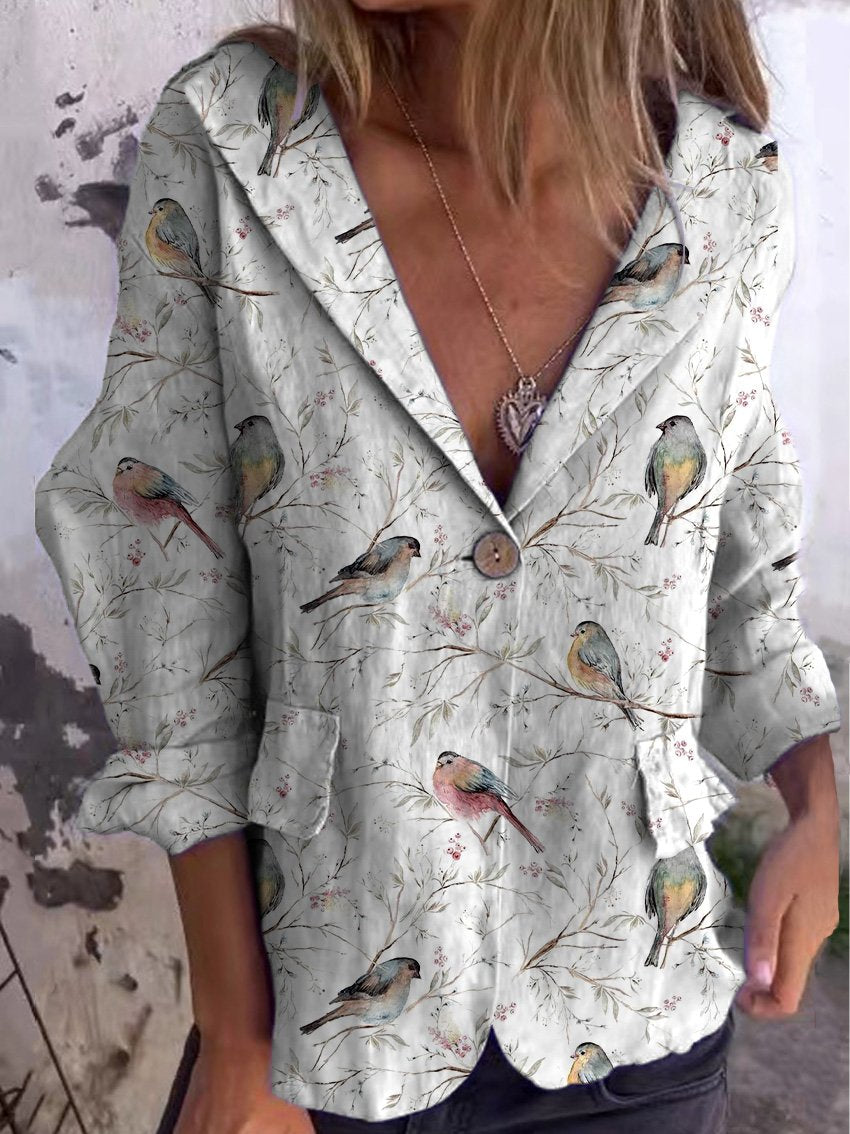 Lovely Spring Birds On Bough Repeat Pattern Printed Women's Linen And Cotton Pocket Coat