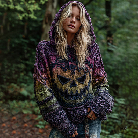 Halloween Pumpkin Face Chunky Crochet Hooded Sweater artswardrobe