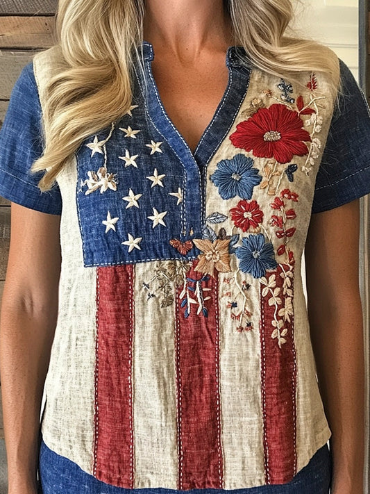 Vintage Flag Floral Embroidery Women's Linen V-neck Shirt artswardrobe