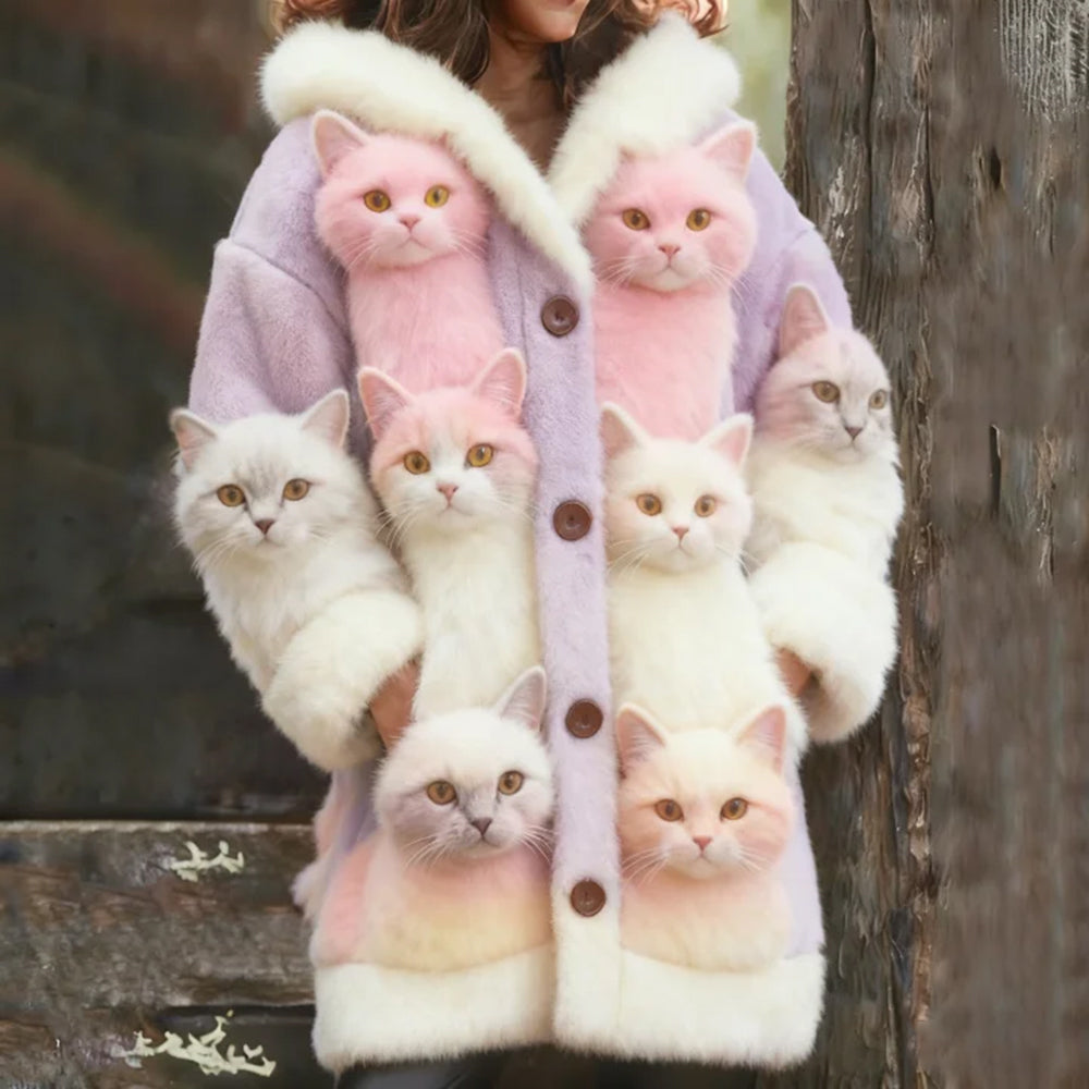 Comstylish Probe Cat Fleece Hooded Cardigan Long Sweater