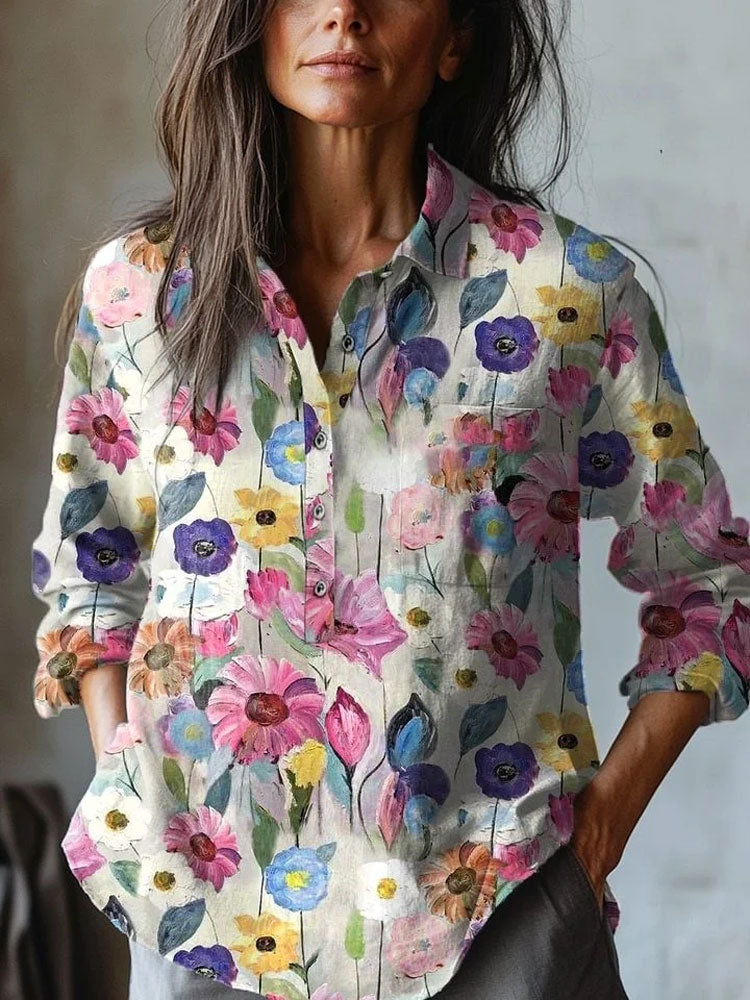 Comstylish Women's Vintage Floral Art Print Casual Cotton And Linen Shirt
