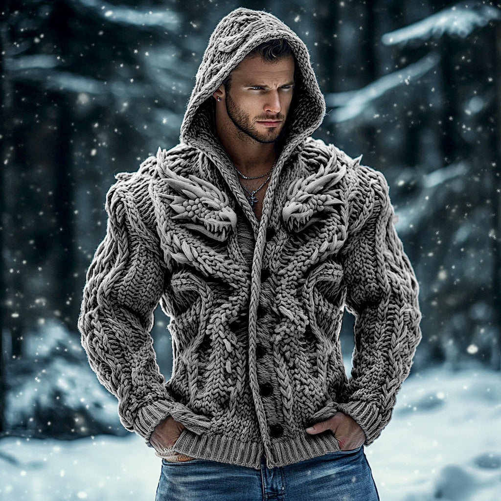 Men's Viking Dragon Mythology Chunky Knit Buttons Hooded Sweater artswardrobe