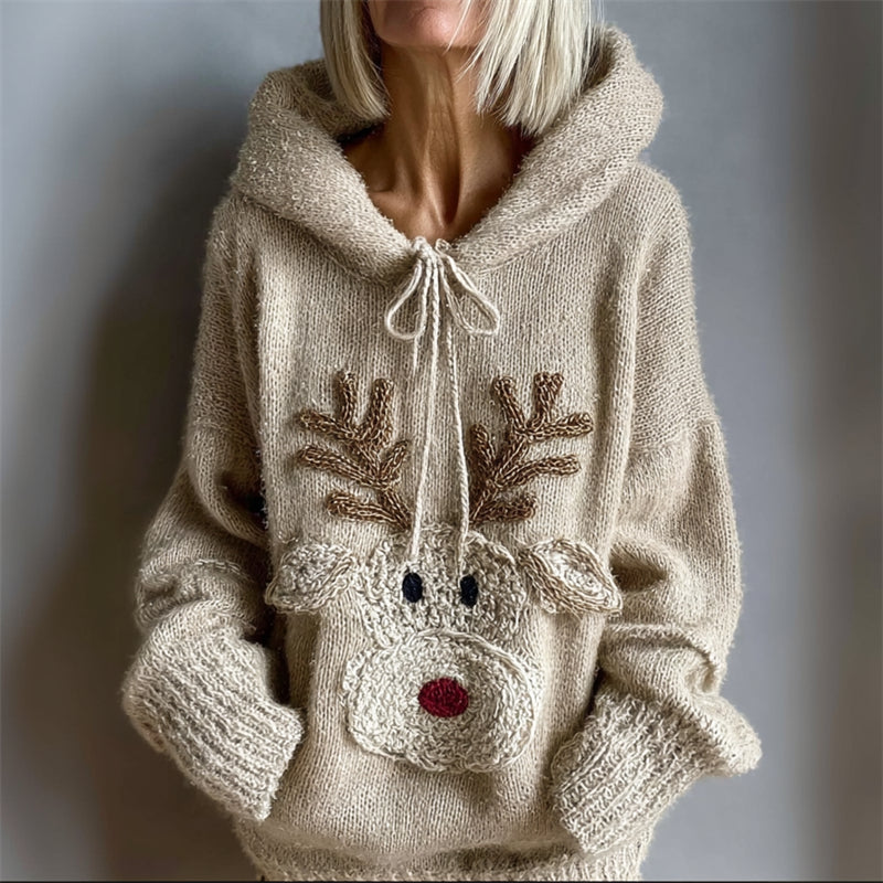 Lovely Reindeer Face Cozy Fuzzy Knit Hooded Sweater artswardrobe