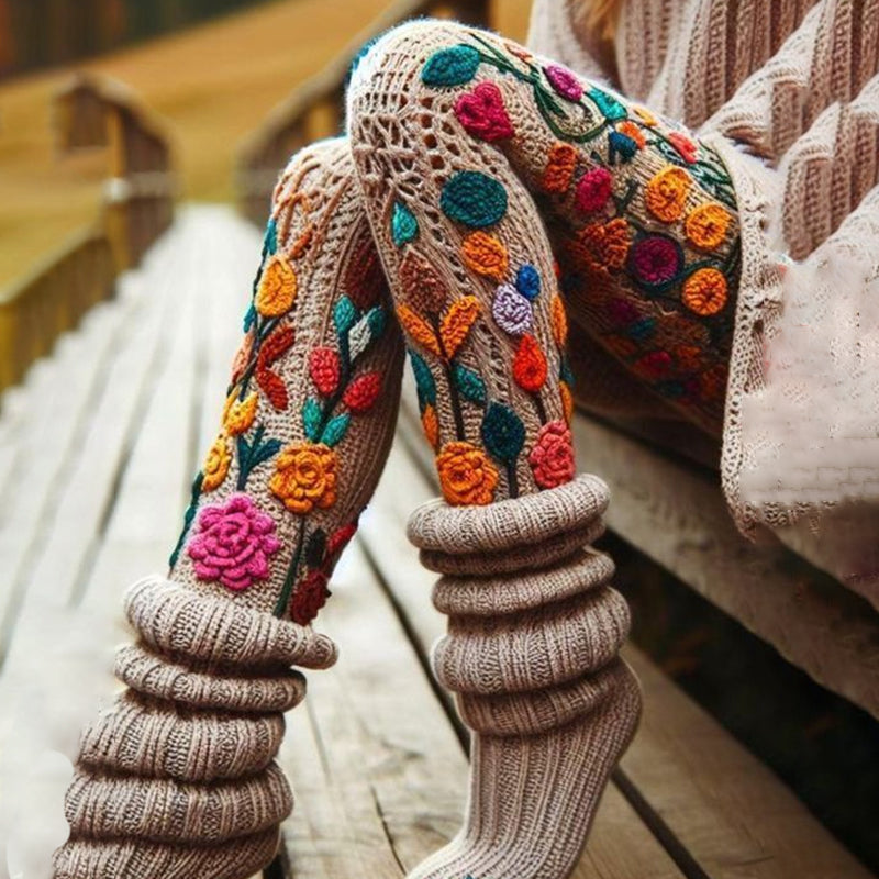 Vintage Floral And Leaf Cozy Knit Leggings elevenforest