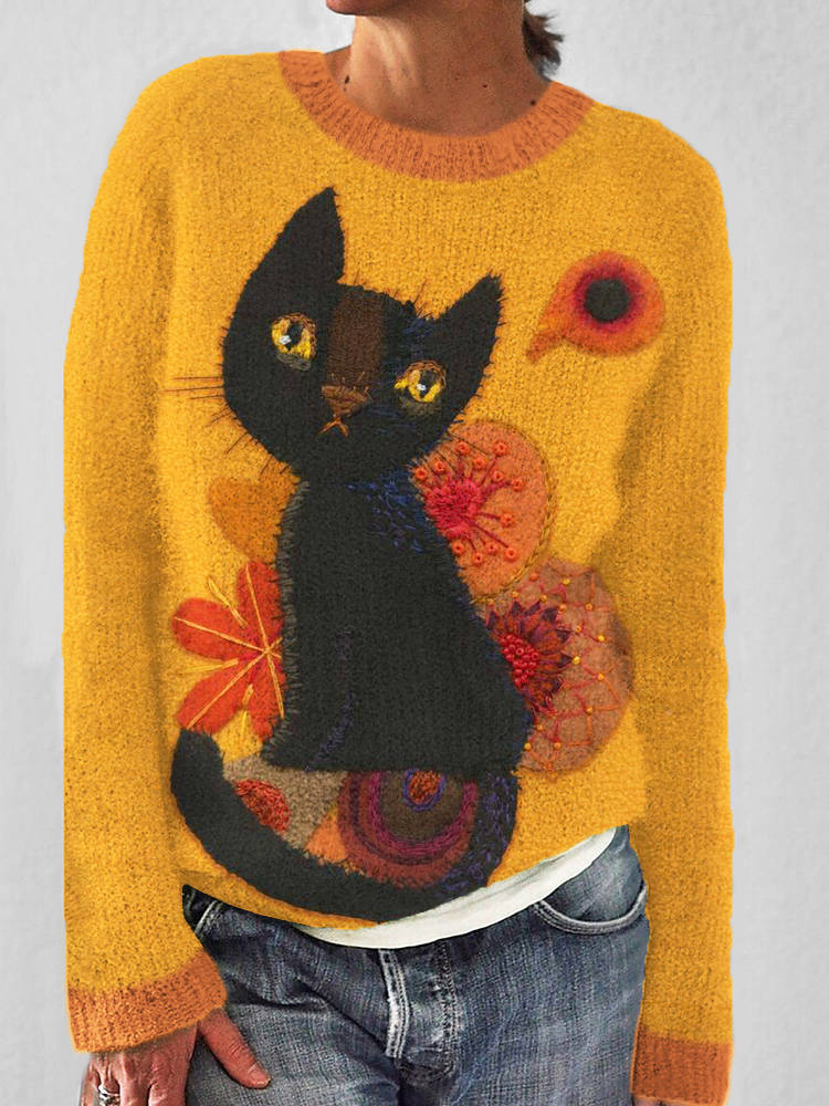 Autumn Cat & Maple Knit Crew Neck Cozy Sweater artswardrobe