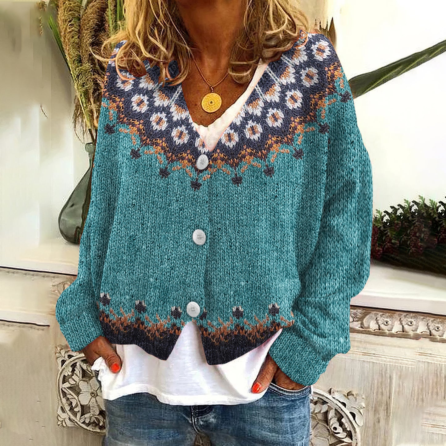 Vintage Geometry Contrast Jacquard V Neck Button Cozy Sweater elevenforest