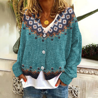 Vintage Geometry Contrast Jacquard V Neck Button Cozy Sweater elevenforest