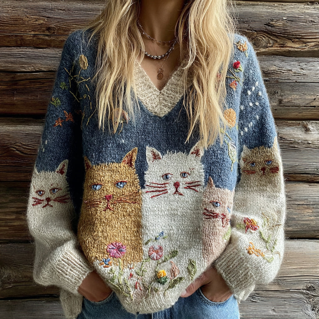 Vintage Cute Cats Inspired Embroidered Cozy Knit V Neck Sweater elevenforest