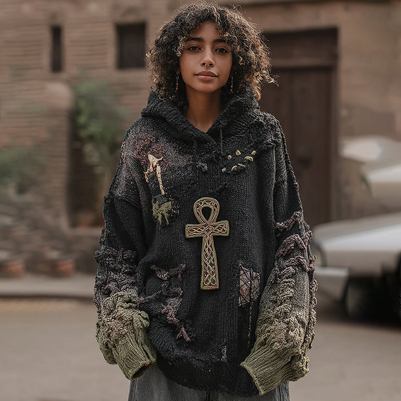 Women's Vintage Ancient Egyptian Ankh Pattern Knit Pullover Hooded Sweater artswardrobe