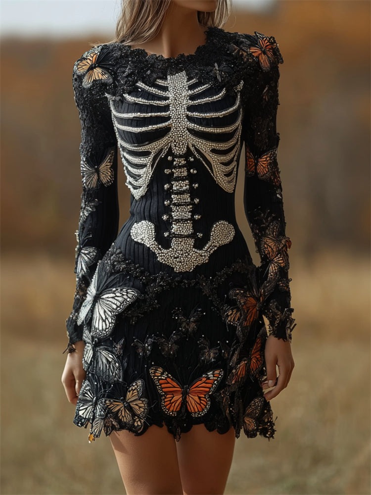 Halloween Skeleton Rhinestones Butterflies Knit Sweater Dress artswardrobe