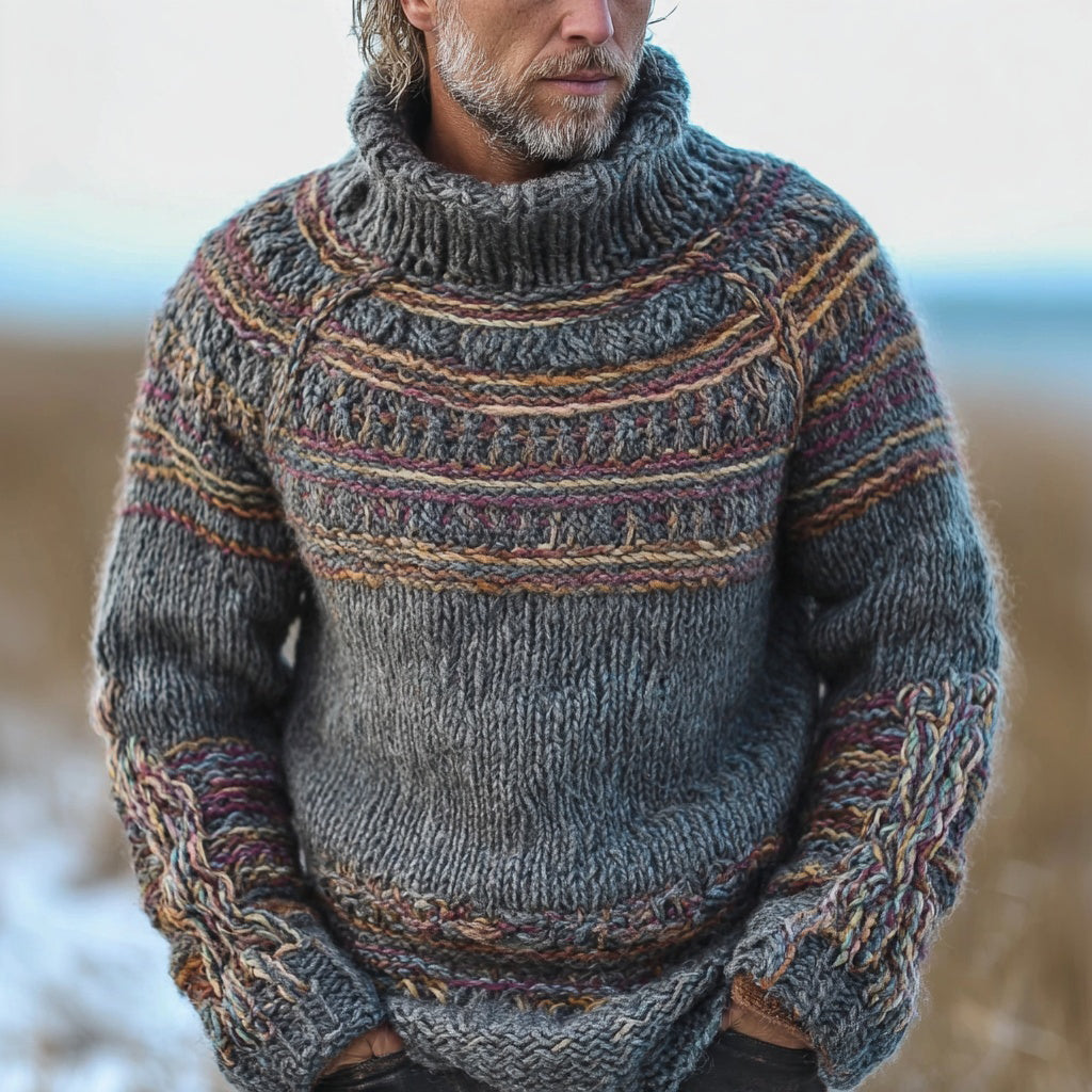 Men's Retro Jacquard Chunky Cozy Knit Turtleneck Sweater artswardrobe