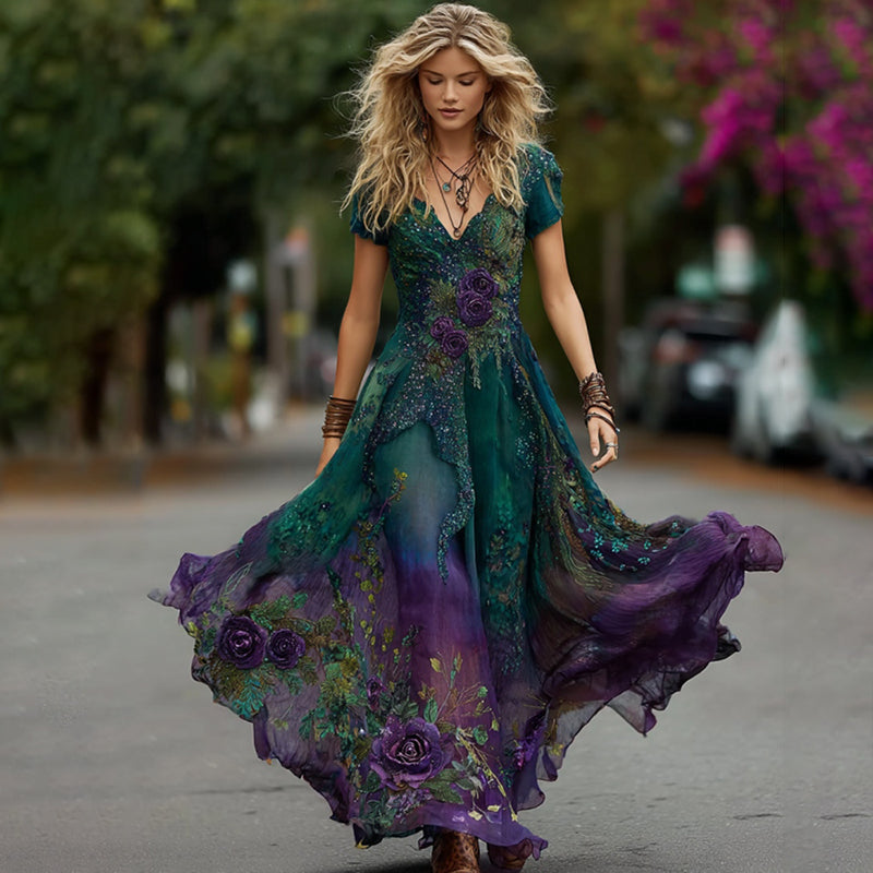 Women's Vintage Purple Roses Embroidery Linen Short Sleeve Dress artswardrobe