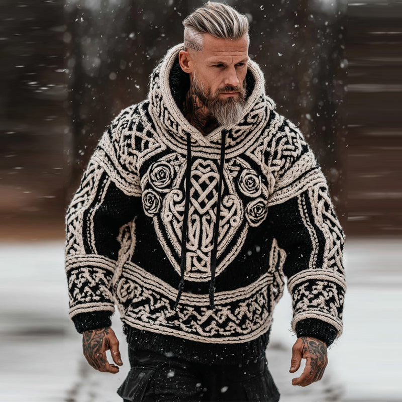Men's Viking Tribal Jacquard Celtic With Rose Inspired Chunky Knit Hooded Sweater elevenforest