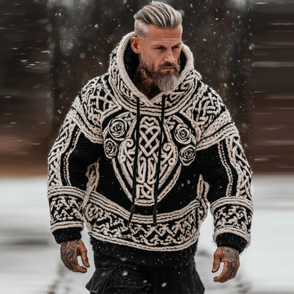 Men's Viking Tribal Jacquard Celtic With Rose Inspired Chunky Knit Hooded Sweater elevenforest
