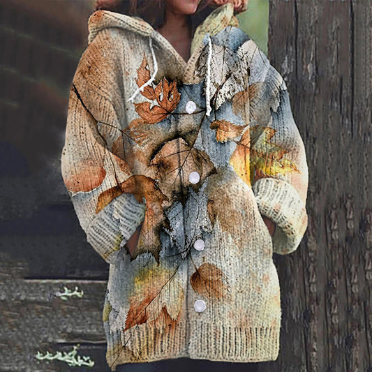 Vintage Tribal Maple Leaves Cozy Button Sweater artswardrobe