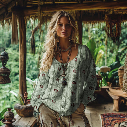 Comstylish Vintage Tribal Floral Art Cotton Linen Casual Shirt