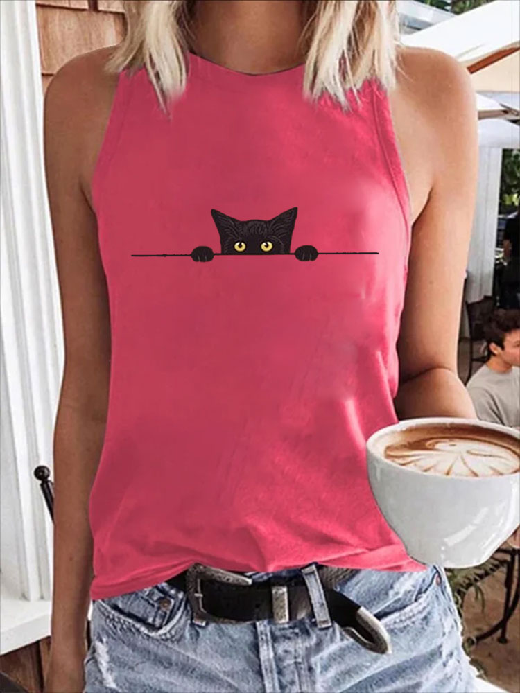 Women's Casual Funny Black Cat Print Vest elevenforest