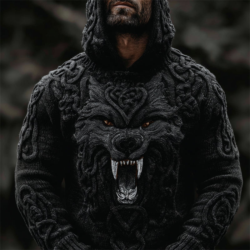 Men's Viking Wolf With Fangs Celtic Knot Chunky Hooded Sweater artswardrobe